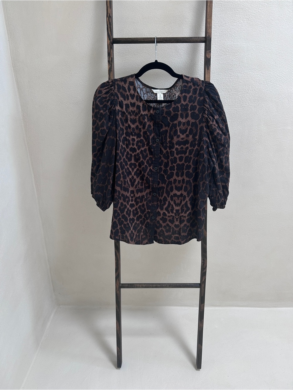 HM linen blend Leopard Print Puff Sleeve Button-Front Blouse - Brown/Black